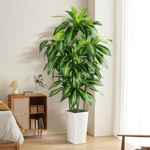 Artificial Dracaena Tree Indoor, 5FT Tall Fake Tree with White Tall Planter, Artificial Trees Fake Yucca Potted Tree for Home Office Living Room Decor, Tall Artificial Plant for Housewarming Gift