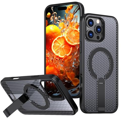 Dqtaoply Wärmeableitungs Hülle für iPhone 16 Pro Max, Stoßfest Kratzfest Matt Handyhülle mit Ständer [Atmungsaktive Heat Dissipation] mit Magnetic Schutzhülle für iPhone 16 Pro Max - Schwarz