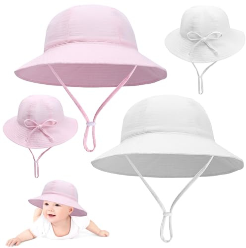 2 Pcs Baby Sun Hat Cotton Soft Bucket Hat Fishing Hats with Adjustable Bow Head Tie and Chin Strap for 0-24 Months Newborn Kids Girls Boys