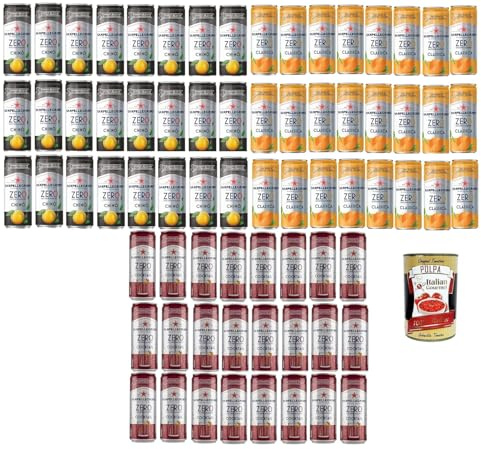 Italian Gourmet Testpaket Chinotto Aranciata bibite zero Dosen 72 x 33cl | Assortimento analcolico senza zucchero; Mix mit Ingwer und, Gesamtnettogewicht 23,76 L + Kostenlos Polpa 400g
