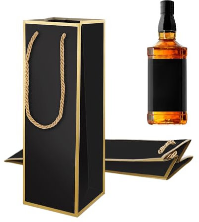 4X4X11 Wine Gift Bags 2 PCS Luxury Wine Bottle Gift Bags, Reusable Liquor Bag with Gold Foil Print, Gold Foil Black Wines Bag for Party Wedding Party Whiskey Spirits Bagwith Handle, Small Bottle