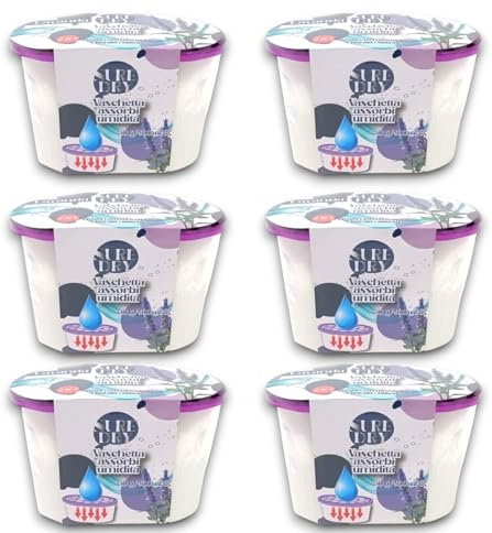 KORAT - Set 6 Vaschette Assorbi Umidità e Profumatore 500 ml, 5 Profumazioni, Deumidificatore Sali per Bagno Cucina Camper Caravan Roulotte Ripostiglio Dispensa Armadio (6, Lavanda)