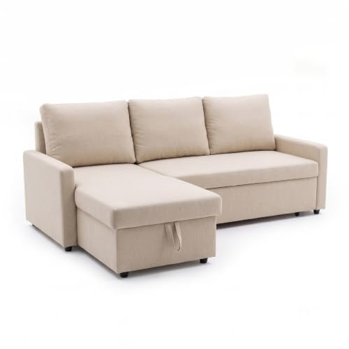 Dako Furniture® Corner Sofa Bed LYNDA, Beige | Storage, Pull-Out Bed Function, 3 Back Cushions, Modern Design for Living Room