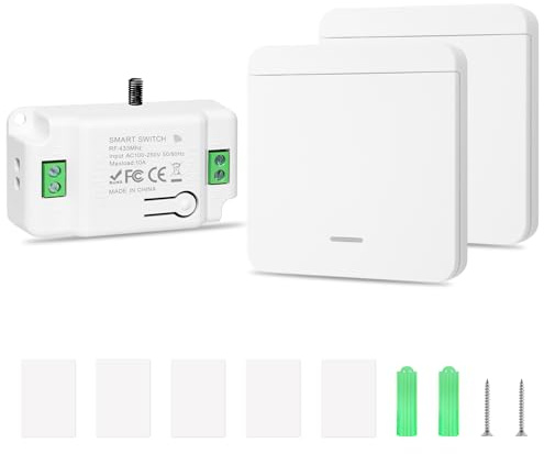 RDTOK Funkschalter 230V Set 10A, Kabelloser Funk Lichtschalter mit Empfänger, Keine Verkabelung, 433MHz Wireless Schalter für Lampen in Wohnzimmer, Küche, Bad & Keller (2 Schalter und 1 Empfänger)