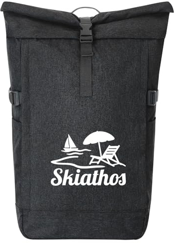 Huuraa Kurierrucksack Skiathos Inselmotiv Griechenland Geschenk | 30-44 Liter Backpack Black Melange Fairtrade Rolltop Rucksack Geschenkidee Schwarzer Laptop-Rucksack passend für 17-Zoll