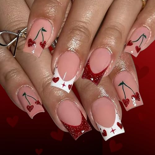 24PC Red & White French Tip False Nails, Cherry & Heart Design Press On Nails, 12 Sizes Square Shaped Reusable Stick on Nails for Women DIY Manicure for Valentine's Day, Daily Use, Party & Wedding