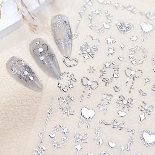 Nymora Nagelsticker Schleife Herz 3D Relief Nagelaufkleber Selbstklebend 1 Blatt Silberfarben Nageldesign Zubehör