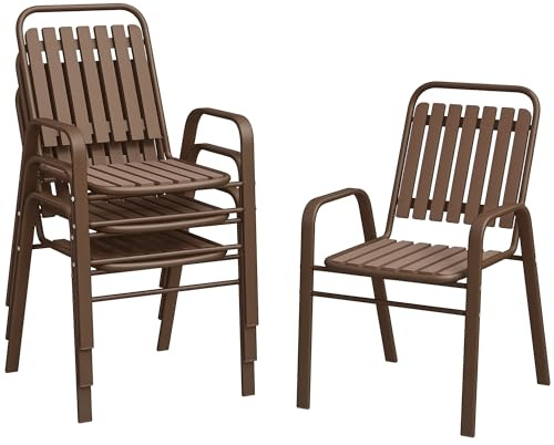 Outsunny 4er-Set Gartenstühle Stapelbare Außenstühle mit hoher Rückenlehne und Armlehnen, Stahlrahmen für Garten, Pool, Terrasse, dunkelbraun