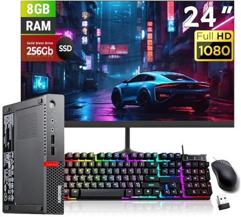 Lenovo ThinkCentre M910Q Tiny PC Ordinateur de Bureau, with 24 FHD(1920x1080) Monitor, Intel Core i5-6500, 8GB RAM, 256GB SSD, Clavier, Souris, USB WiFi, Win11 Pro(Reconditionné)