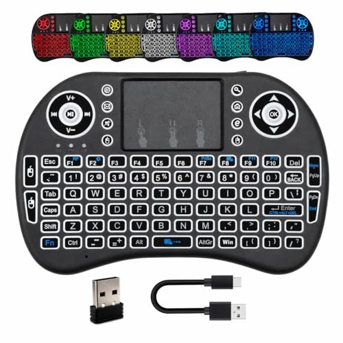2.4G Mini Wireless Keyboard with Trackpad Bluetooth Handheld Remote | with 7-Color Backlit Rechargeable Battery for Smart TV Android TV Box Laptop PC FireStick HTPC PS3 PS4 Raspberry Pi Windows