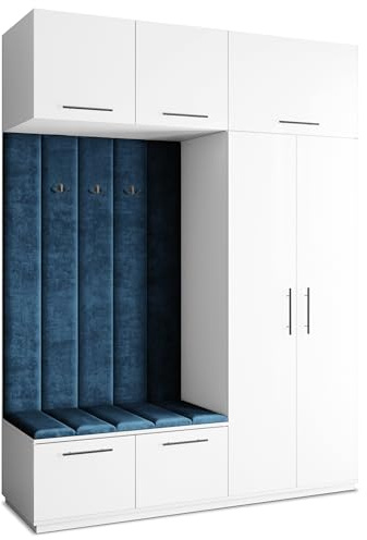 Masseno Flugarderoben Set Rema, Kleiderschrank-Set mit Sitzbank, Garderobenschrank Flur mit 5 Regalböden, Weiß