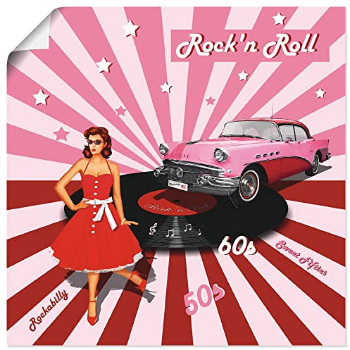 ARTLAND Wanddeko Poster & Kunstdrucke Wandposter 50 x 50 cm Rockabilly Pin Up Kleid Oldtimer Pink Rock n Roll Schallplatte 50er Jahre T6HI
