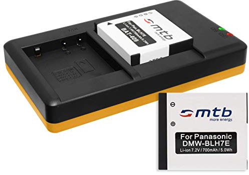 2 Baterías + Cargador Doble (USB) Compatible con Panasonic DMW-BLH7(E), Compatible con Lumix DMC-GF7 / DMC-GM1, GM5 / DMC-LX15 / DC-GX800 - Incl. Cable Micro USB (se Pueden Cargar 2 baterías)