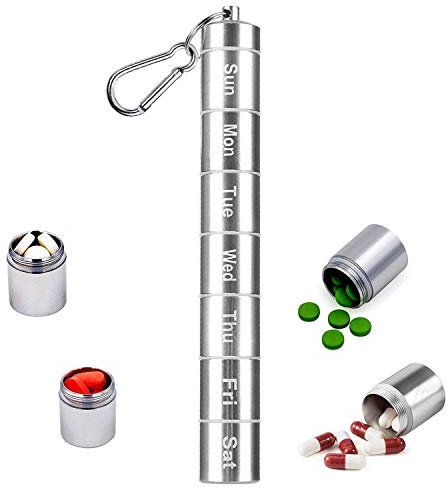 7 Days Pill Case, Portable Pill Box, Designerbox 7 Compartments Aluminum Alloy Weekly Pill Holder Waterproof Medicine Organizer Travel Pill Tube Pill Bottle Pill Container with Keychain and Carabiner