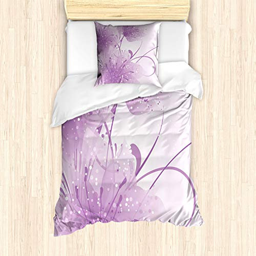 ABAKUHAUS Lila Bettbezug Set für Einzelbetten, Vector Blumen Schmetterling, Milbensicher Allergiker geeignet mit Kissenbezug, Violett und Weiß