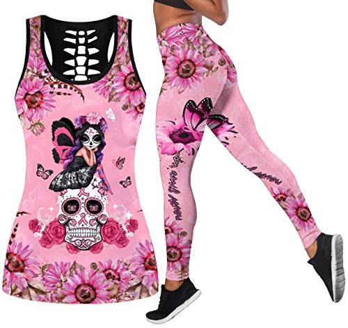 Damen Zucker Schädel Yoga Outfits für Frauen 2 Stück Sets, Weihnachten Tank Tops Leggings Training Activewear für Mädchen