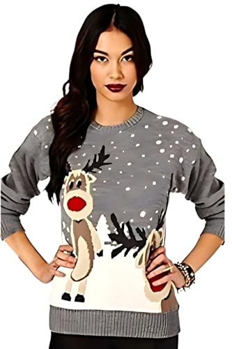 STAR FASHION Women/Ladies Men Unisex Christmas Jumper Knitted Xmas Sweater-Two Reindeer-Grey-20-22