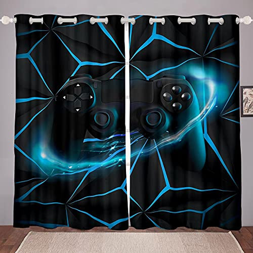 Homewish Spiel Vorhang Teens Gaming Fenster Vorhänge Jungen Kinder Videospiel Gamer Fenster Behandlungen Geometrische Vorhänge Blau Schwarz Schlafzimmer Dekor Fenster Vorhang Panels 46 x72, 2 Panels