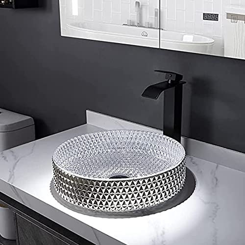 XYEJL Zylindrisches Kristallwaschbecken Waschbecken, Gehärtetes Glas Waschbecken Set Aufsatzwaschtisch Mit Wasserfall Wasserhahn Wasserablauf Und Montage Ring,B