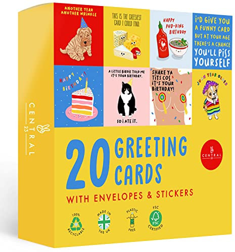 Central 23 20 lustige Geburtstagskarten - Box mit Geburtstagskarten mit Umschlägen - Geburtstagskarten für Familie, Freunde, Männer, Frauen - leere Grußkarten mit lustigen Aufklebern