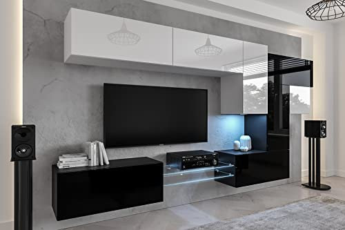 Furnitech Wohnwand Wohnzimmer | Wohnzimmer Möbel mit LED RGB - 16 Farben | Hängend Wohnwand Modern | Wohnzimmer Schrankwand mit Regale und TV Schrank (AN92NEW-21WB-HG3)
