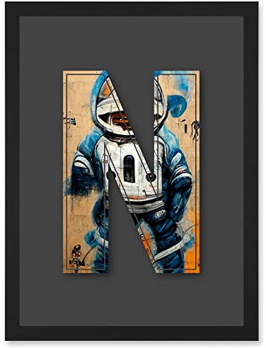 Wee Blue Coo Letter N Space Man Decorative Graffiti Mural Alphabet Initial Stencil Artwork Framed Wall Art Print A4