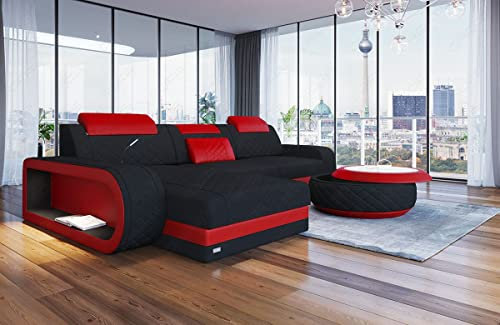 Sofa Dreams Ecksofa Berlin Stoffsofa - mit LED Beleuchtung, verstellbare Kopfstützen, Ottomane/Mikrofaser/Ausrichtung wählbar (Ottomane Links, Rot-Schwarz)