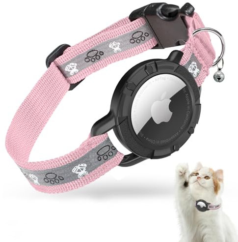 AirTag Katzenhalsband, Reflektierend Air Tag Halsband Katze, GPS Katzenhalsband mit Verstellbares und Glocke, Integriertes Apple Air Tag Katzen Halsband, Geeignet Für Katzen Welpen[Rosa][S]