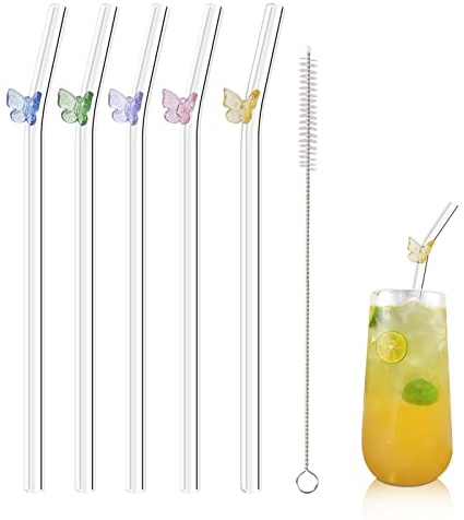 Olpchee 5 Pcs Reusable Straws Clear Glass Straws Colorful Butterfly Design Size 7.8 x 8mm with 1 Cleaning Brush for Smoothies, Milkshakes, Juices, Teas (Colorful Butterfly)