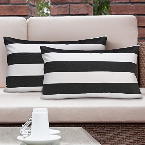 Lewondr Outdoor Kissenbezüge, 2 Stück 30x50cm Quadratische Streifen Wasserdicht Kissenbezüge für Outdoor Terrasse Veranda Bauernhaus Garten Balkon Couch, Schwarz Grau & Weiß