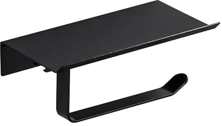 Black Toilet Roll Holder with Shelf | Black Steel Toilet Paper Holder | Wet Wipe Storage Shelf | Strong Loo Roll Tissue Wall Mounted with Phone Holder Shelf, Modern and Clean Design