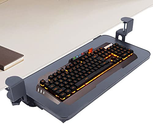 HarBin-Star Étagère pour clavier extensible sous le bureau avec pince en C - Support de clavier coulissant stable - 52 x 25 cm - Tiroir d'ordinateur - Pas de vis dans le bureau