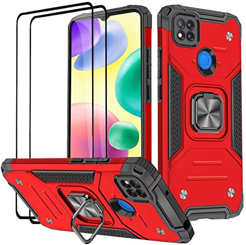 KANSi Coque pour Xiaomi Redmi 10A / Redmi 9C, Verre Trempé [2 Pièces] + Housse TPU Silicone Rotation 360° Aimant Anneau Support Double Défense Protection Etui - Rouge