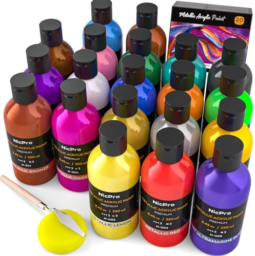 Nicpro Metallic Acrylfarben Set (20× 250 ml), 20 Farben große Acrylfarbe lose, ungiftig Kunst Malerei Lieferungen für Multi Oberfläche Leinwand Felsen Holz Leder Stein Metall Handwerk mit Farbrad