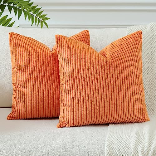 JOTOM Housses de Coussins en Velours Côtelé Décoratif Canapé Taie d'oreiller Doux Decoration pour Maison Salon Chambre Canapé Décoration 60x60cm Lot de 2 (Orange)