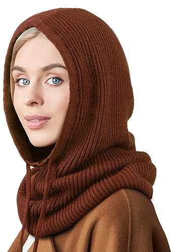 DRESHOW Wintermützen für Damen Balaclava Strickmütze Skull Cap mit Kordelzug Warmer Kapuzenschal Mütze