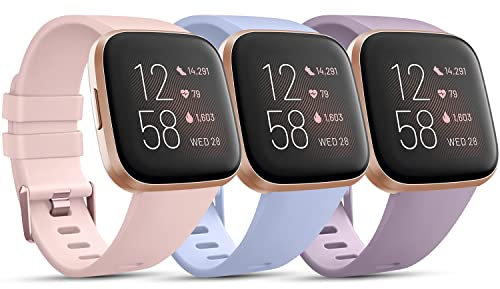 Mugust Correa para Fitbit Versa Mujer Hombre,Silicona Coloridos Recambio Suave 3PACK Pulseras de Repuesto para Fitbit Versa 2/Versa/Versa Lite/Versa SE(S,Rosa/Azul/Púrpura2)