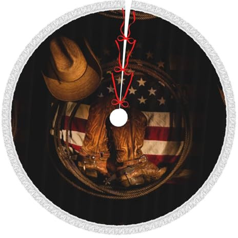 Bandera estadounidense con botas de vaquero impresas, falda de árbol de Navidad, decoración de falda de árbol de Navidad, tapete de poliéster para árbol de Navidad