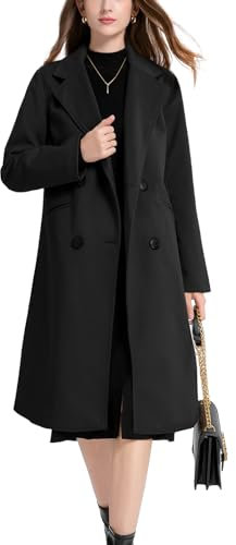 Sukany Women's Winter Wool Blend Coat Notch Lapel Double Breasted Casual Mid Long Pea Coat Trench Jackets Outwear Black S