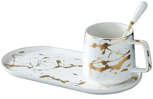 FülleMore Marmor Keramik Kaffeetasse mit Untertasse und Löffel 400ml Frühstückstasse mit Essteller elegant Kaffeebecher Geschenkset für Mutter,Vater,Oma,Freunde,Bruder,Kollegen (Weiß)