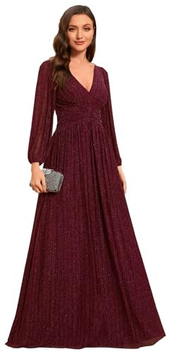 Ever-Pretty Kleid Elegant Damen Festlich Lang Langarm Ballkleid Maxi Hell Abendkleider Elegant für Hochzeit A Line Burgund 48