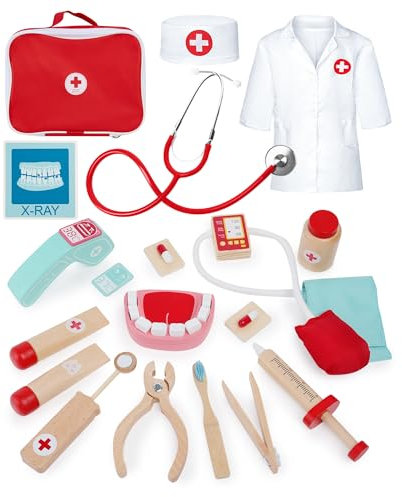 KidMigo Valigetta medica per bambini a partire dai 3 anni, in legno, per bambini, dentista, giocattolo per bambini, con valigetta medica, stetoscopio, termometro, custodia per pediatra, gioco di