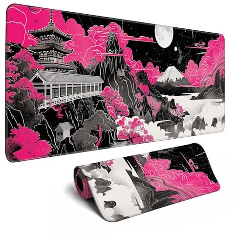 Future Kyoto Mouse Desk Pad Japanese Pink Desk Mat Desk Decor Black White Large Gaming Mouse Pad for Desk Mousepad Computer Office Keyboard Laptop Big Mouse Pad Xl-31.5x11.8 in