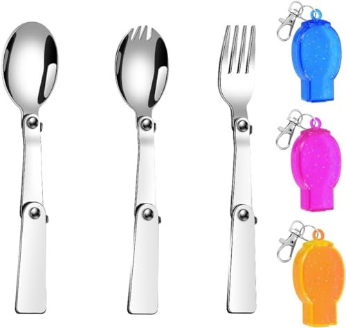 Faltbare Löffel, Faltbare Edelstahl Löffel, Faltbares Löffel und Gabelset mit Haken Aufbewahrungs Box Campingbesteck für Picknick und Reise,3 Stück