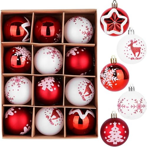 SHAVINGFUN Ensemble de Boules de Noël Classiques Rouges et Blanches pour Sapin de Noël à Suspendre, Décorations Incassables pour Intérieur/Extérieur