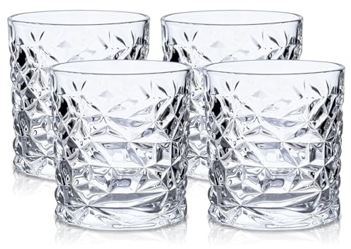 Raisaplin Whiskey Glasses Set of 4, 300ml/ 11oz Crystal Old Fashioned Heavy Freezable Rocks Barware Scotch Bourbon Whiskey Tumblers Snifter for Cocktail Cognac Vodka Drinks Rum Liquor Bar Gifts
