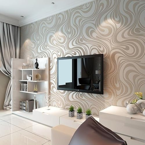 Camiraft 1 Roll Light Grey Wallpaper for Living Room Modern Luxury Abstract Curve 3D Wall Paper Roll Non-Woven Fabric Mural Papel Wallpaper for Living Room Bedroom TV Background 950 * 53cm