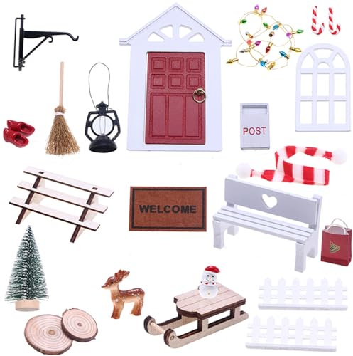 1:12 Wichteltür Komplettset Miniatur Weihnachten Puppenhaus Zubehör Weihnachtswichtel Tür Set mit Miniatur Holz Tür Miniatur Schlitten Miniatur Möbel Zubehör für Puppen (Style 2)