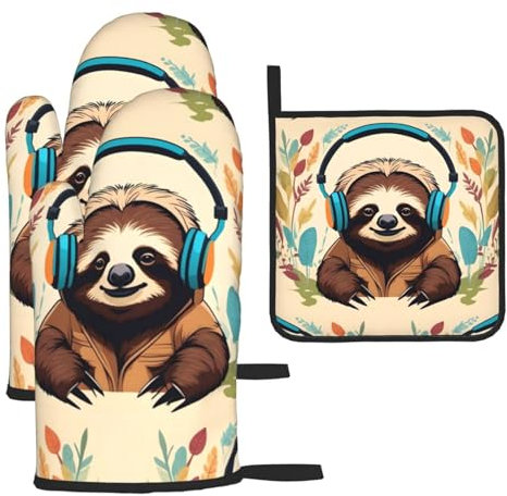 Lustige niedliche Tier-Faultier-Musik-Ofenhandschuhe und Topflappen, Grillhandschuhe und Halter zum Kochen, Backen (3-teiliges Set)