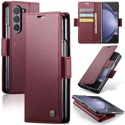 Rerzoiro Handyhülle für Samsung Galaxy Z Fold 5 Hülle, Premium PU Lederhülle Klappbar Flip Case [RFID Blocker] Tasche Magnet Kartenfach Klapphülle Schutzhülle für Samsung Galaxy Z Fold 5, Rot